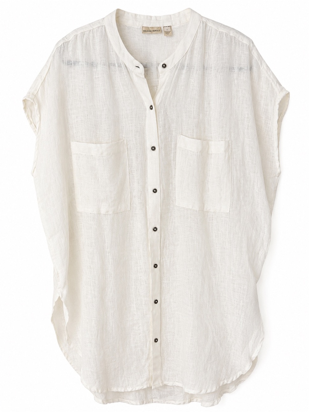 Holding Horses Anthropologie 100% Linen Button Front Tunic Blouse Ivory Boho L